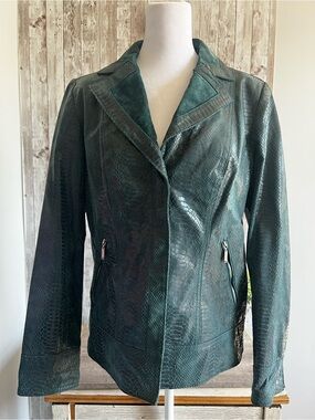 Bradley Women's Dark Teal Leather Jacket Snakeskin Print Tailored Moto Style XS